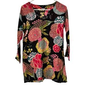 Black Colorful Floral Print 100% Cotton Women Size Small 3/4 Sleeve Top